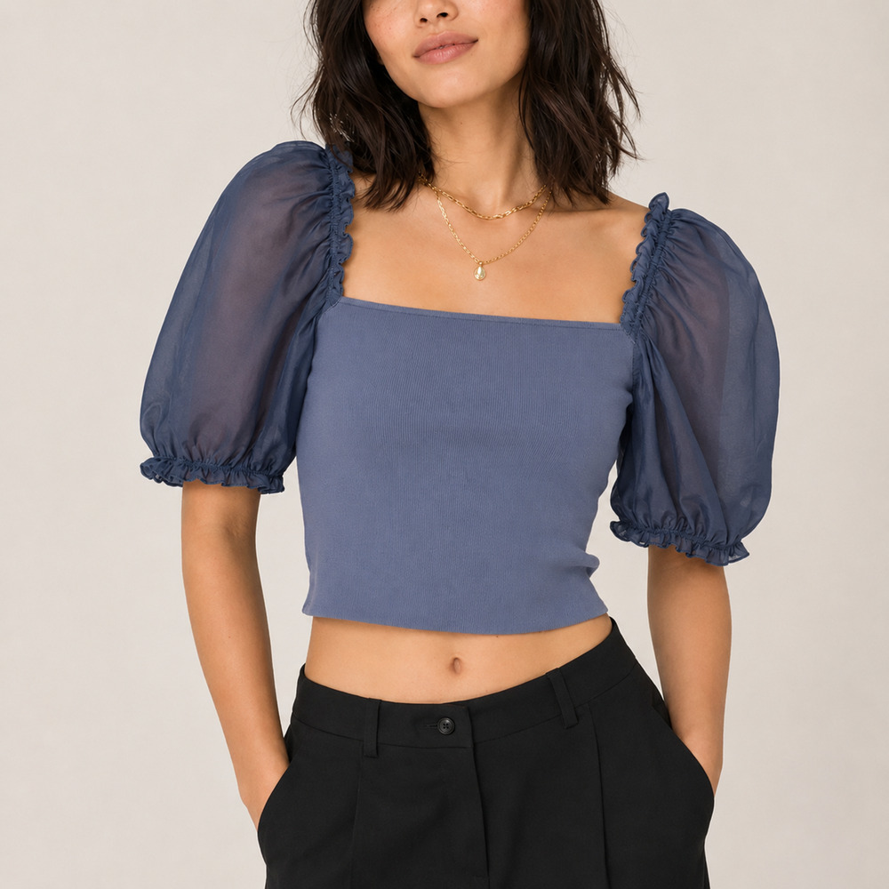 Aritzia Wilfred Blue Sheer Puff Sleeve Crop Top Size 2XS